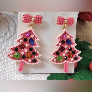 Bubblegum Pink Bejewelled Christmas Tree Dangle Earrings 💖
